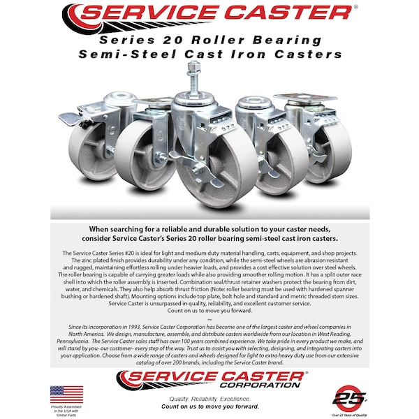 Semi Steel Swivel TS Caster W/Roller Bearing - 4 Wheel & 1/2 Stem W/Brake